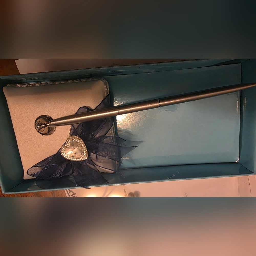 Silver Wedding Guestbook Pen with Blue Heart Embellishment